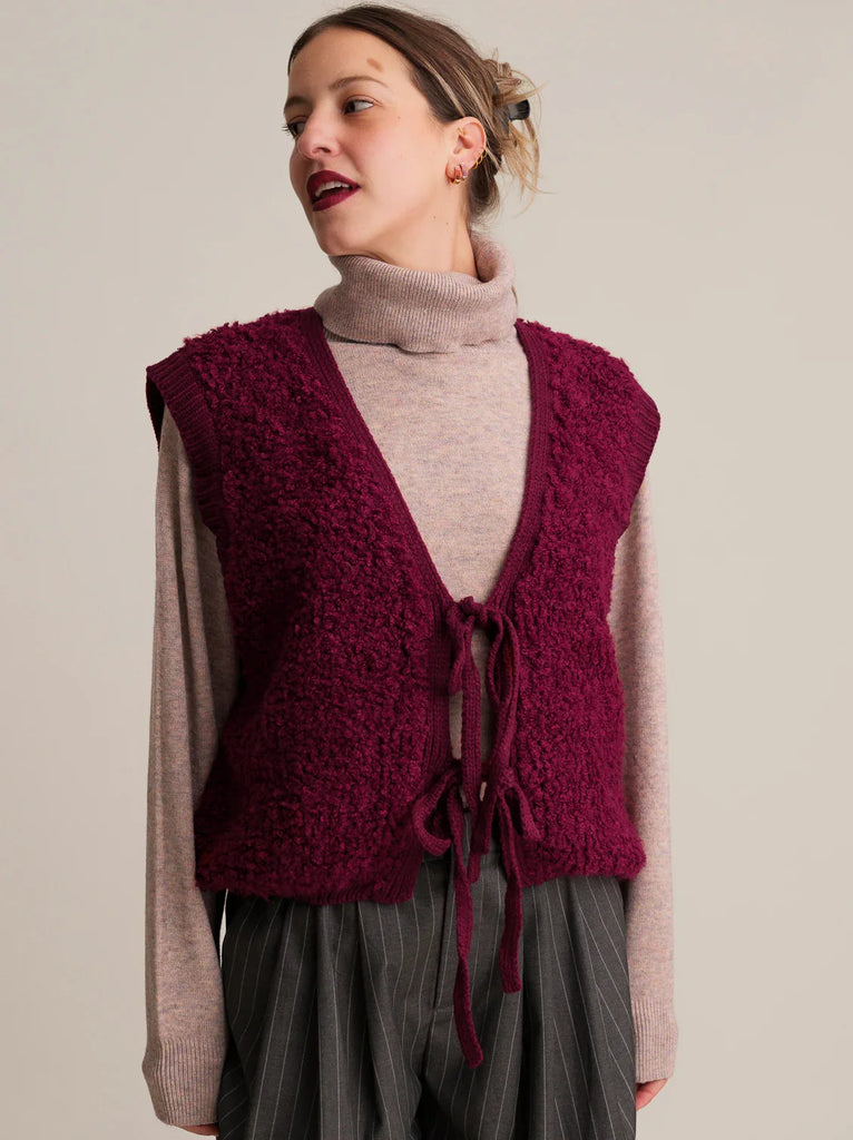 Neora Vest — Burgundy knit vest with ties on model — MYFASHIONFRUIT