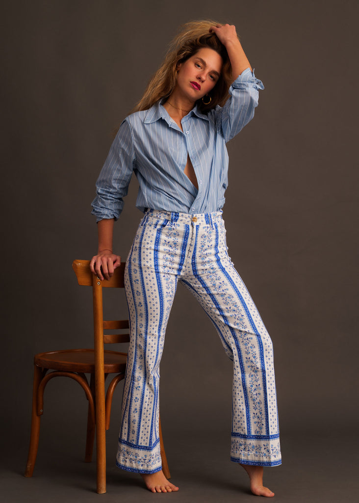 Graziella Pants — on model, white & blue floral print — MYFASHIONFRUIT