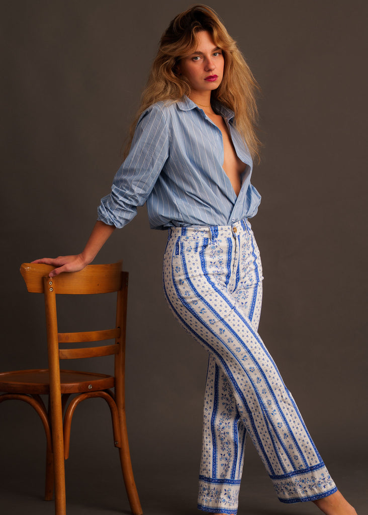 Graziella Pants — pants with blue print on model — MYFASHIONFRUIT