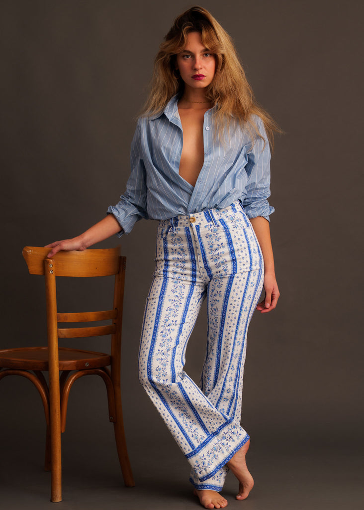 Graziella Pants — Floral print high waisted pants on model — MYFASHIONFRUIT