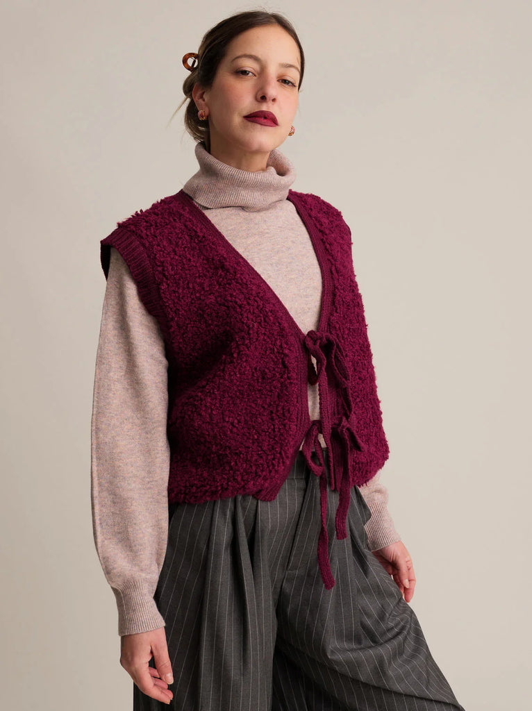 Neora Vest — Burgundy sleeveless vest on model — MYFASHIONFRUIT