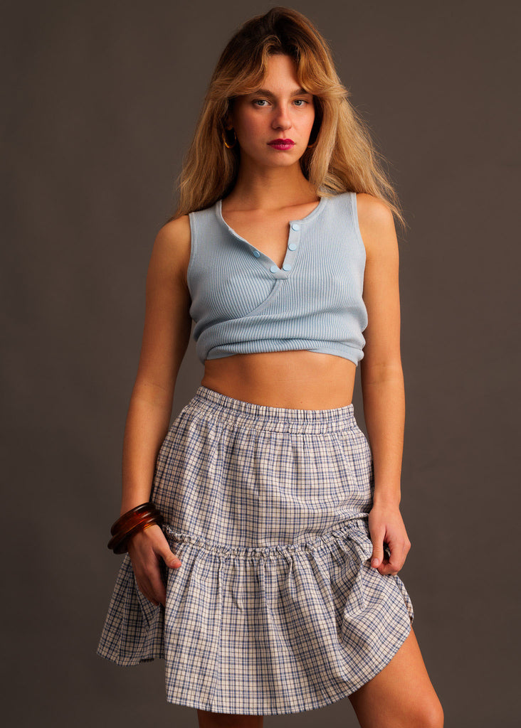 Electra Skirt — Plaid mini skirt with ruffle, on model — MYFASHIONFRUIT