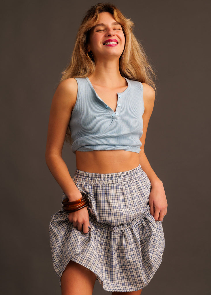 Electra Skirt — Plaid mini skirt with ruffles on model — MYFASHIONFRUIT