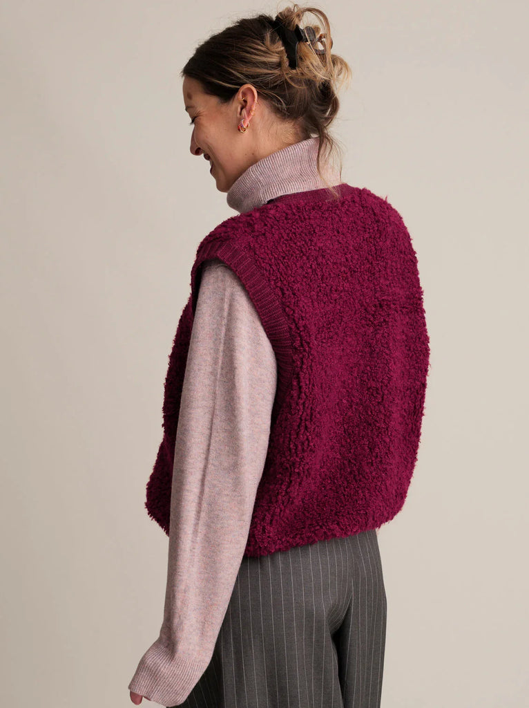Neora Vest — Burgundy Sherpa vest on model — MYFASHIONFRUIT