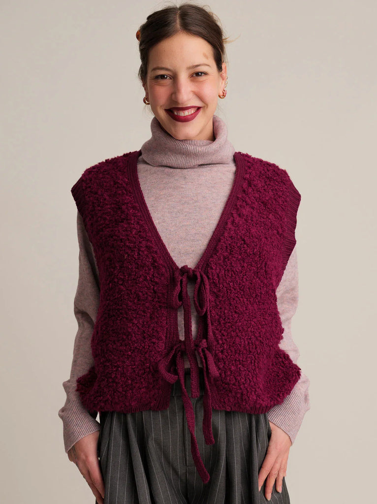 Neora Vest — Burgundy knit vest with tie on model — MYFASHIONFRUIT