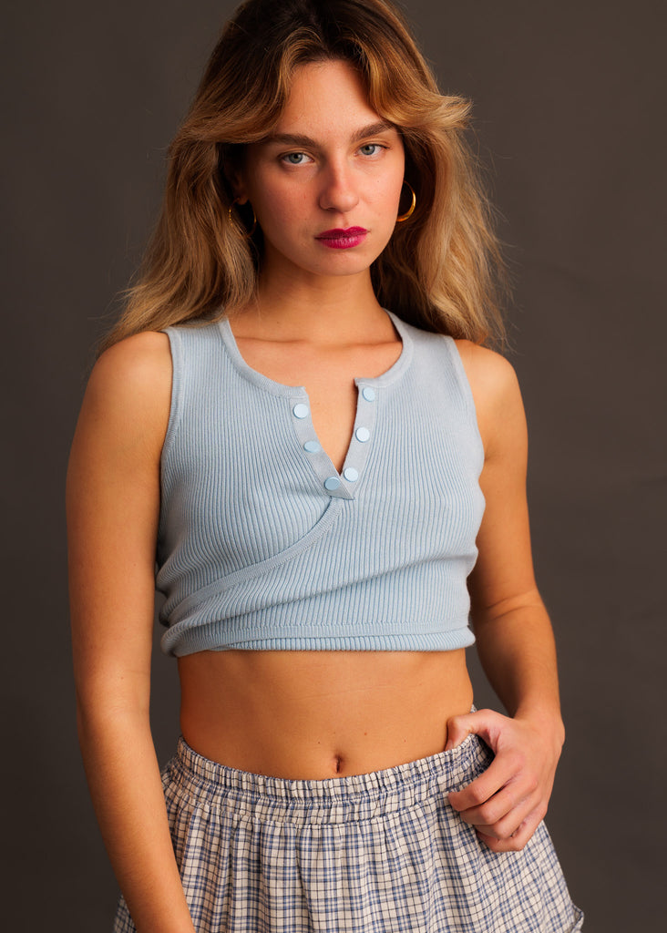 Sandria Top — Blue ribbed crop top on model — MYFASHIONFRUIT