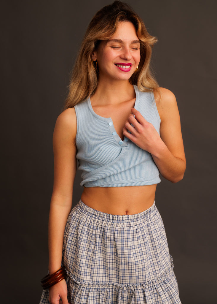 Sandria Top — Light blue ribbed top with buttons, on model — MYFASHIONFRUIT