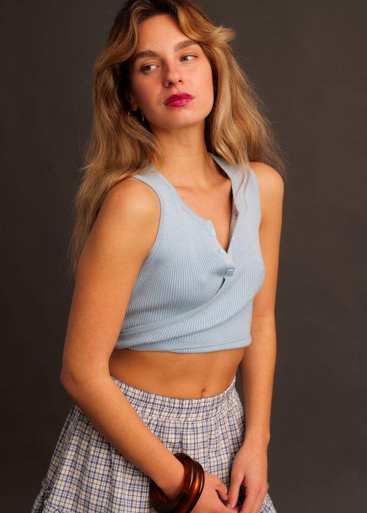 Sandria Top — Light blue ribbed top with buttons on model — MYFASHIONFRUIT