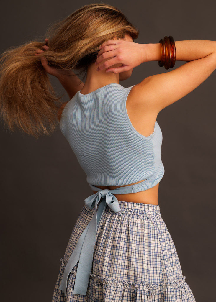 Sandria Top — Light blue knit top with tie on model — MYFASHIONFRUIT