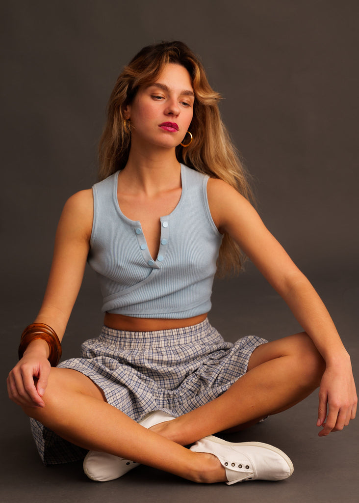 Sandria Top — Light blue ribbed top on model — MYFASHIONFRUIT