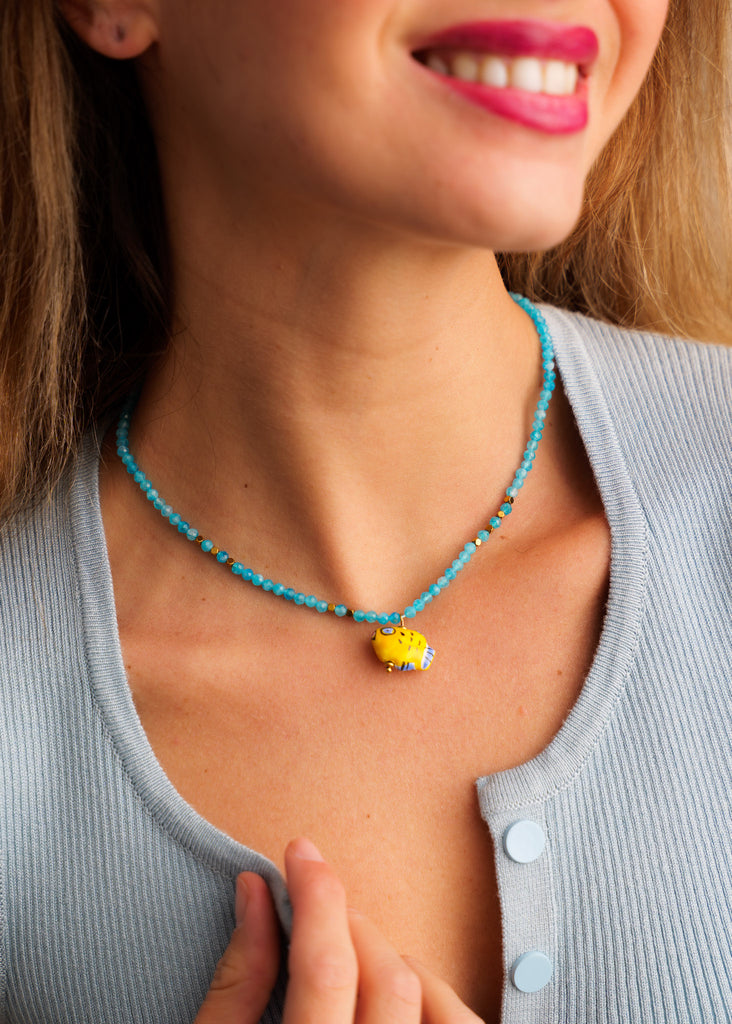 Asherah Necklace — blue beads, yellow pendant on model — MYFASHIONFRUIT