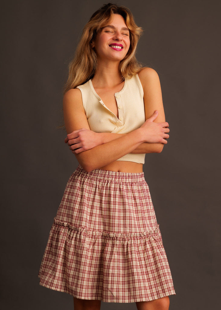 Electra Skirt — Red plaid mini skirt on model — MYFASHIONFRUIT