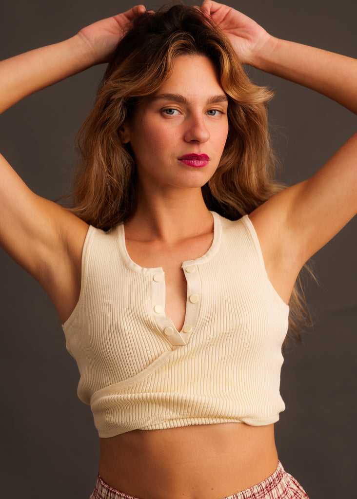 Sandria Top — On model in cream ribbed crop top — MYFASHIONFRUIT