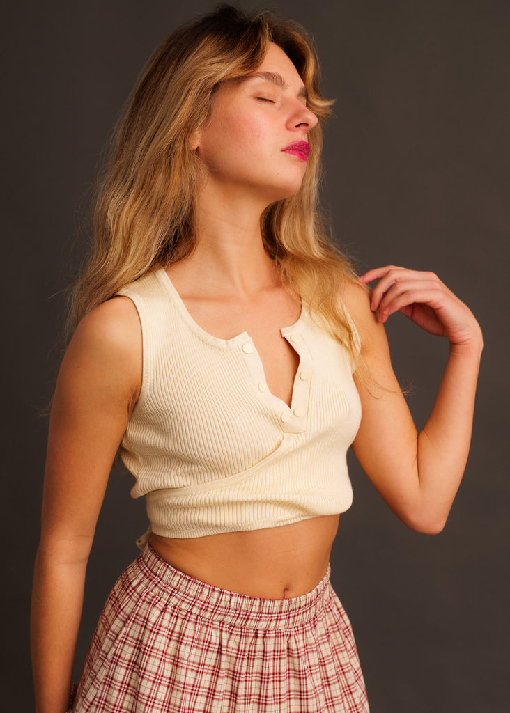 Sandria Top — Ribbed cream top on model — MYFASHIONFRUIT