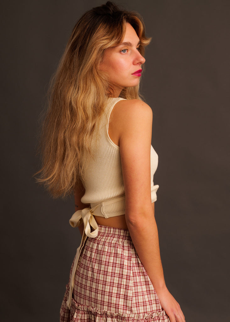 Sandria Top — Cream knit top with tie, plaid skirt on model — MYFASHIONFRUIT