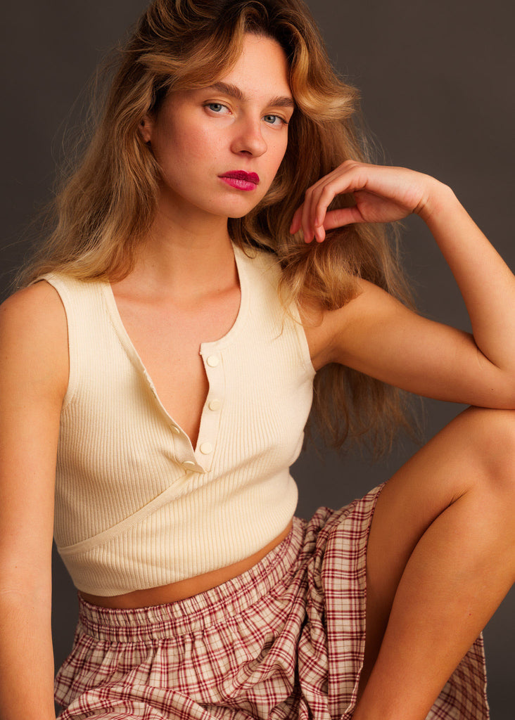 Sandria Top — cream top on model, red plaid skirt — MYFASHIONFRUIT