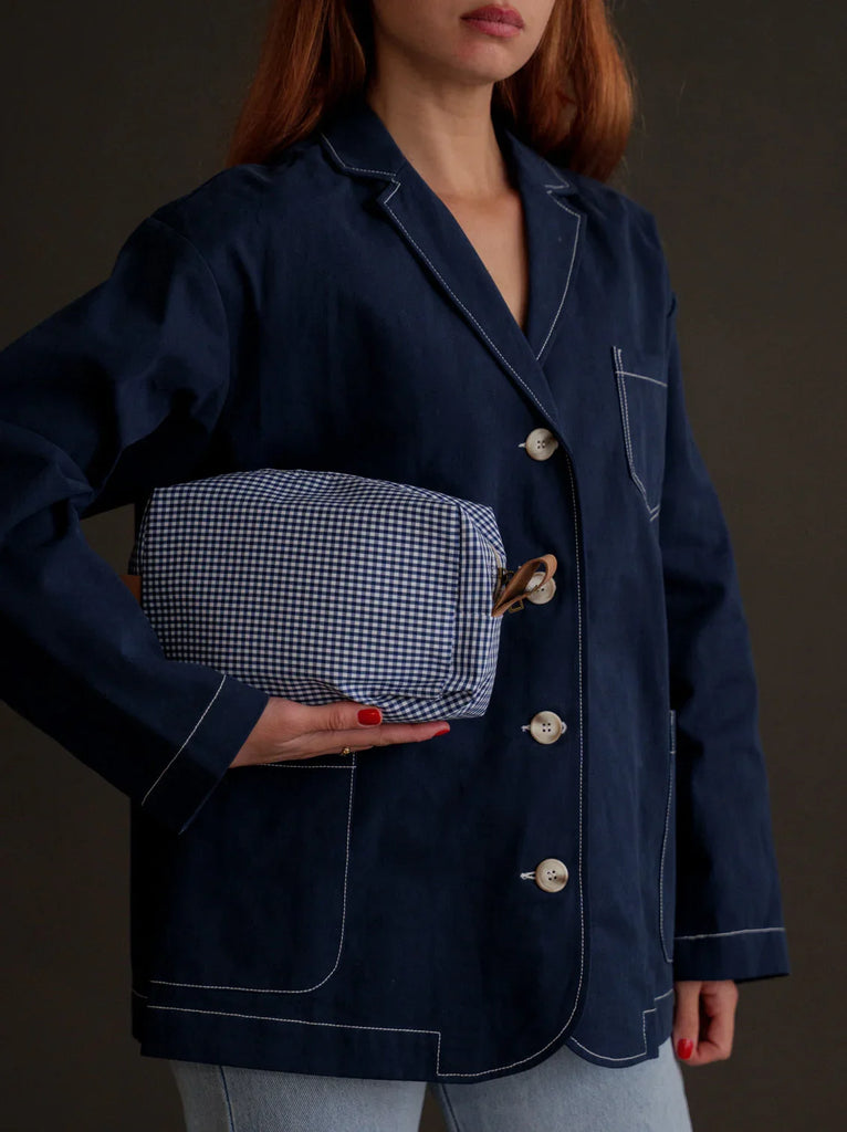 Bailey Necessaire — Blue gingham bag on model — MYFASHIONFRUIT