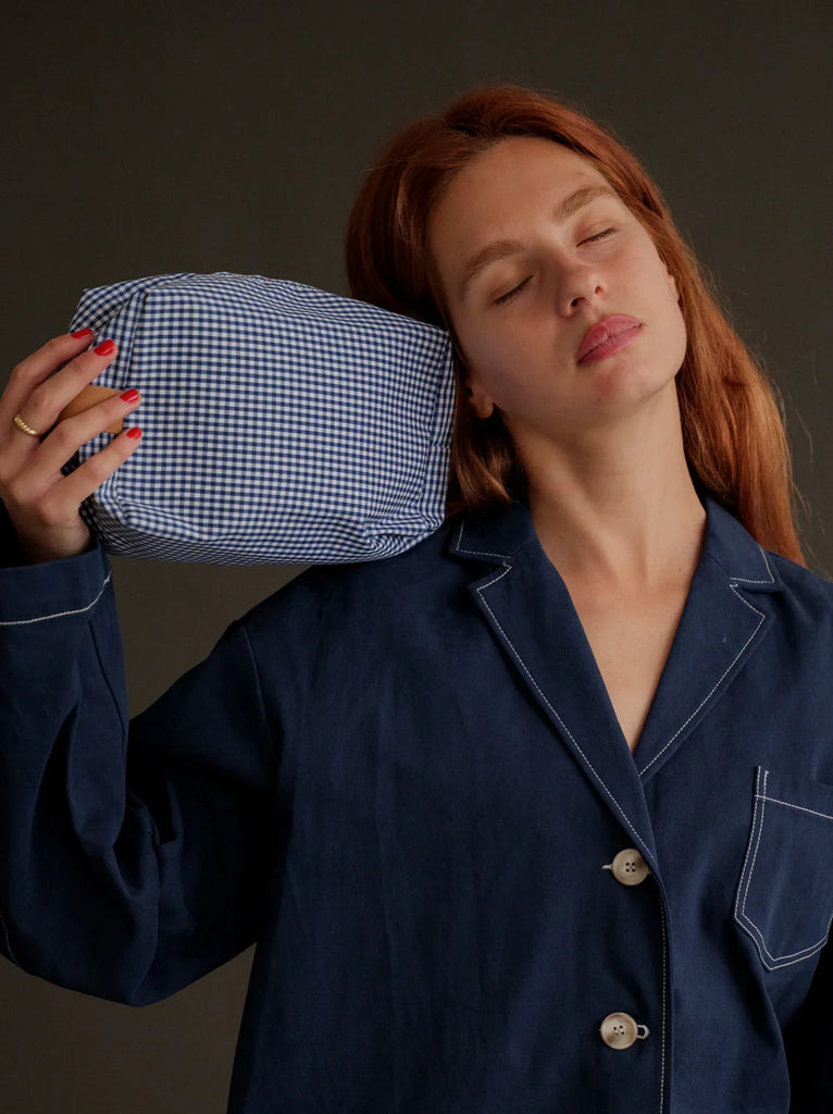 Bailey Necessaire — blue & white gingham, on model — MYFASHIONFRUIT