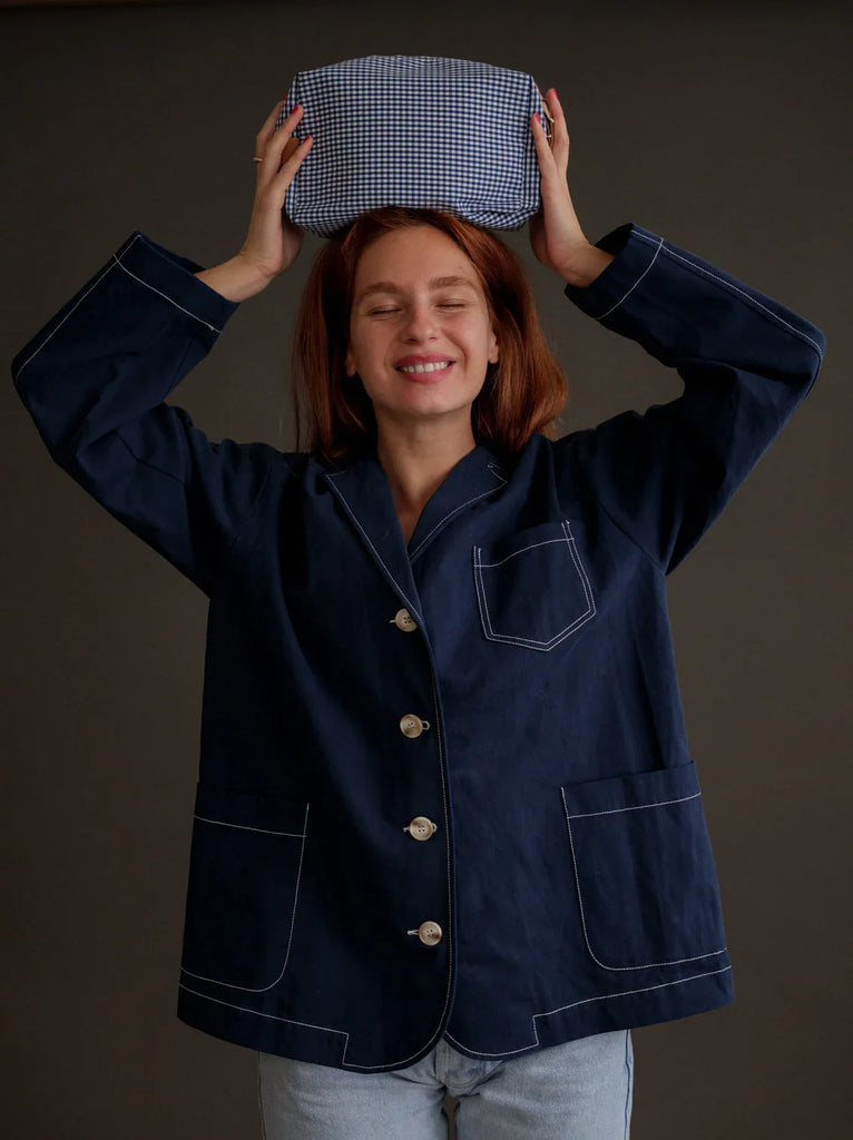 Bailey Necessaire — On model, navy gingham bag — MYFASHIONFRUIT