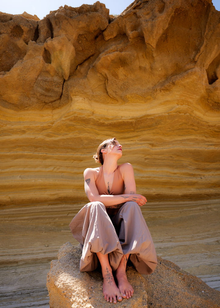 Sol Balloon Pants — Taupe pants and halter top on model — MYFASHIONFRUIT