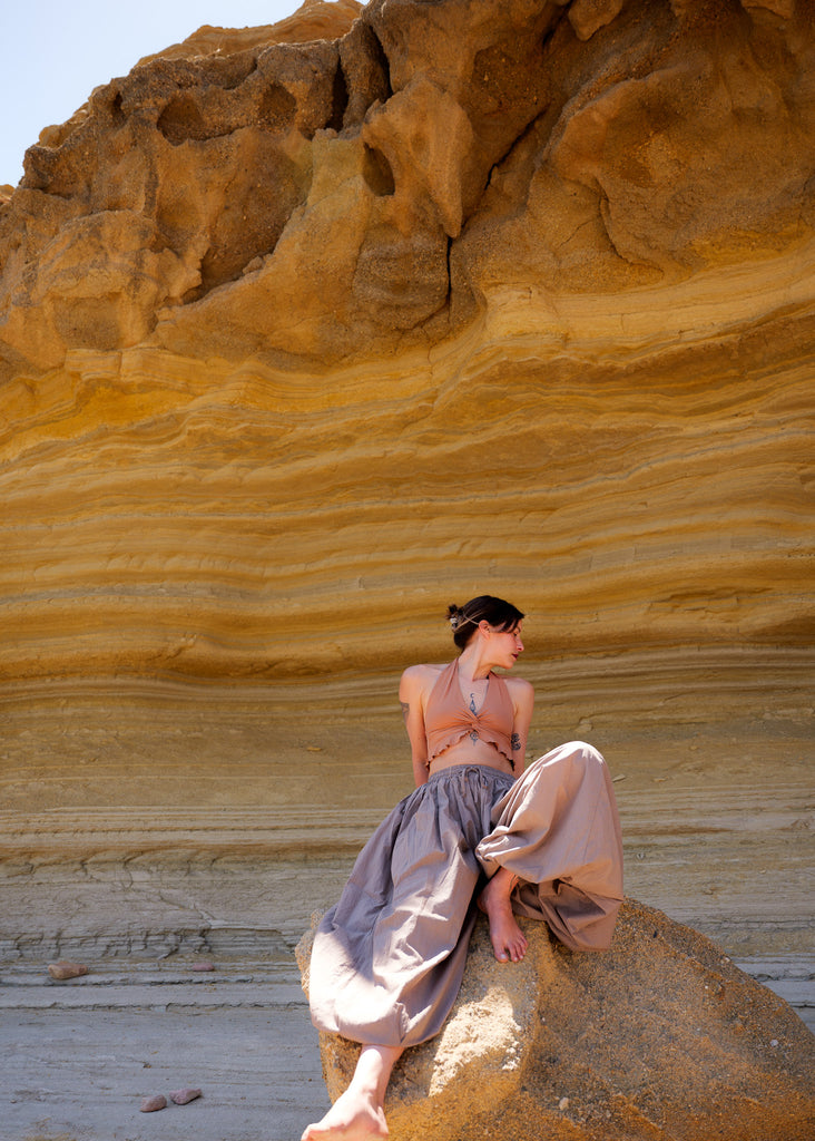 Sol Balloon Pants — Model in stone colored pants & halter top — MYFASHIONFRUIT