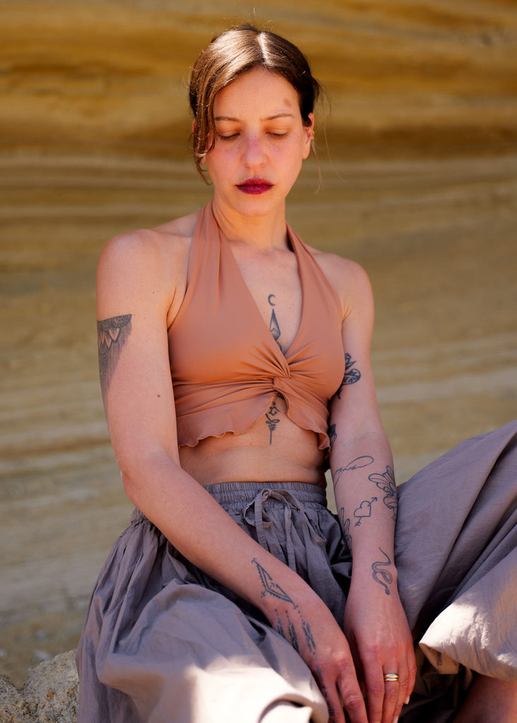 Halo Top — Nude halter top, gray pants on model — MYFASHIONFRUIT