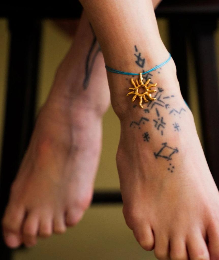 Sandya Pendant — Gold sun pendant on blue cord ankle bracelet — MYFASHIONFRUIT