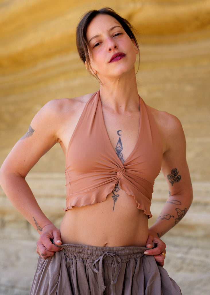 Halo Top — Brown halter top on model — MYFASHIONFRUIT