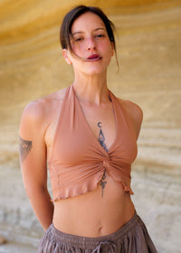 Halo Top — Halter top in terracotta color on model — MYFASHIONFRUIT