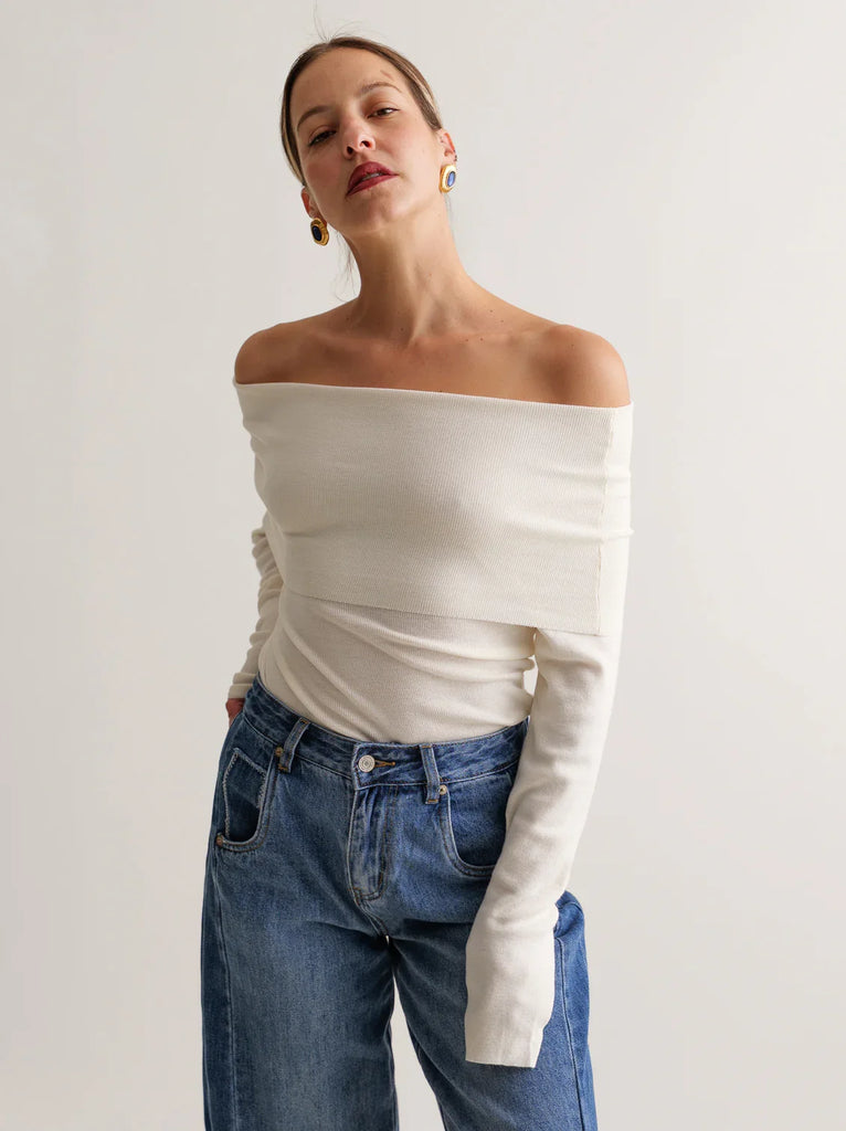 Carmina Top — Off-shoulder top on model with jeans — MYFASHIONFRUIT