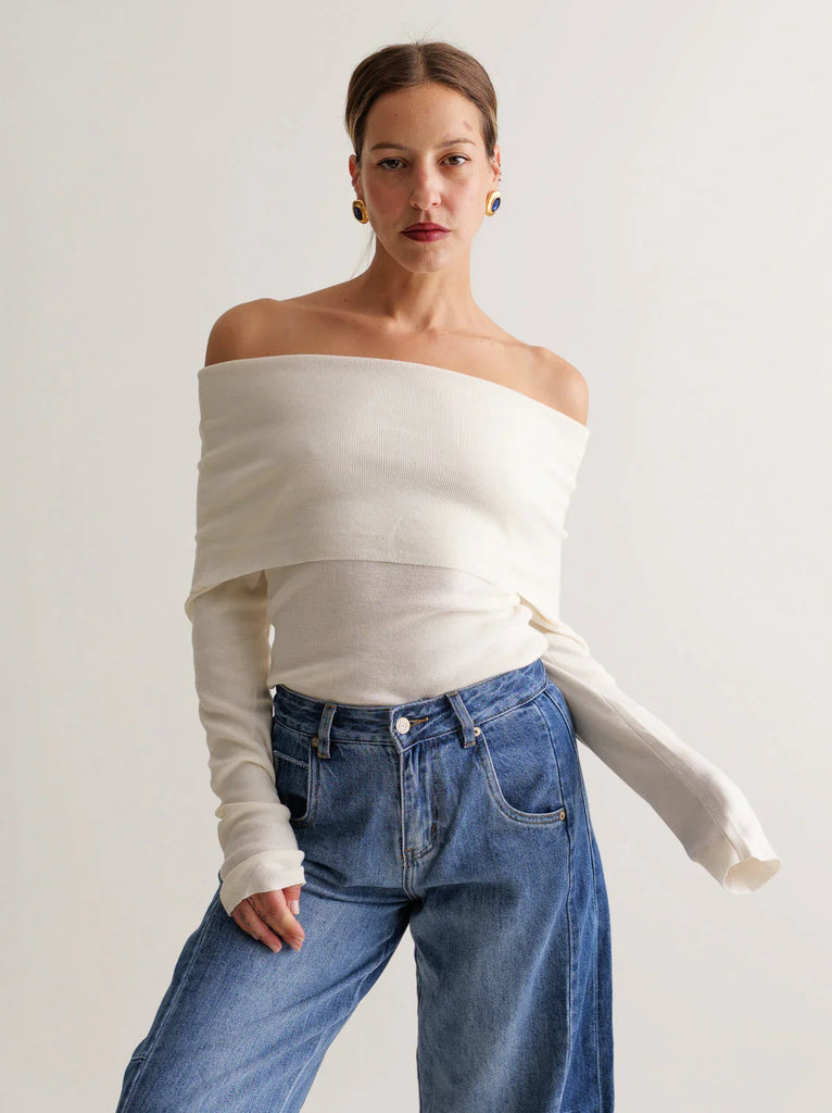 Carmina Top — Beige knit top on model — MYFASHIONFRUIT