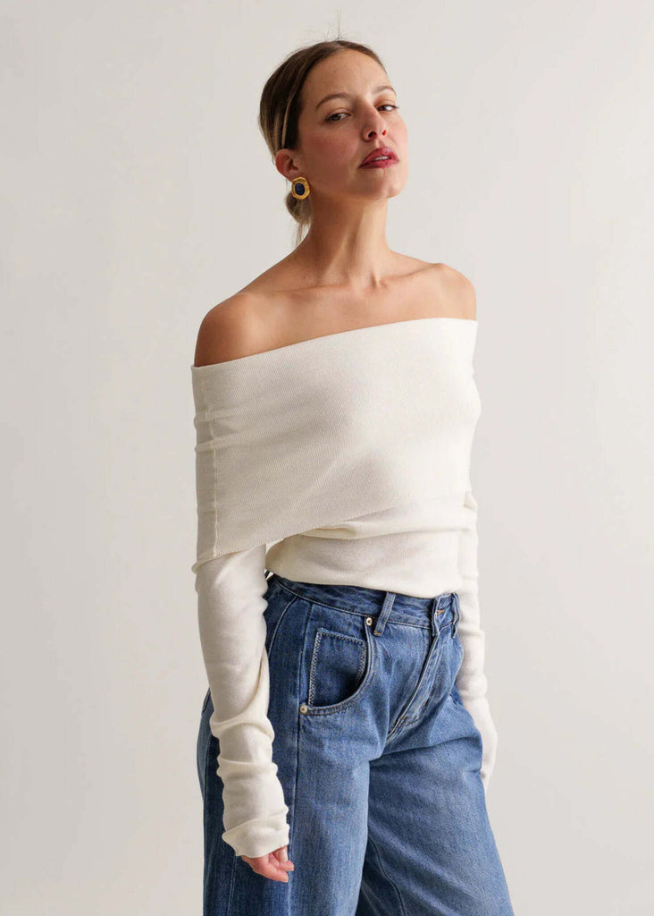 Carmina Top — Cream off-shoulder top on model — MYFASHIONFRUIT