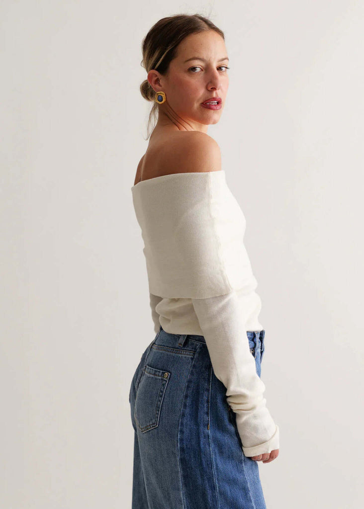 Carmina Top — Cream knit off-shoulder on model — MYFASHIONFRUIT