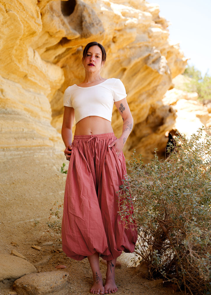 Sol Balloon Pants — red-pink balloon pants with white top on model — MYFASHIONFRUIT