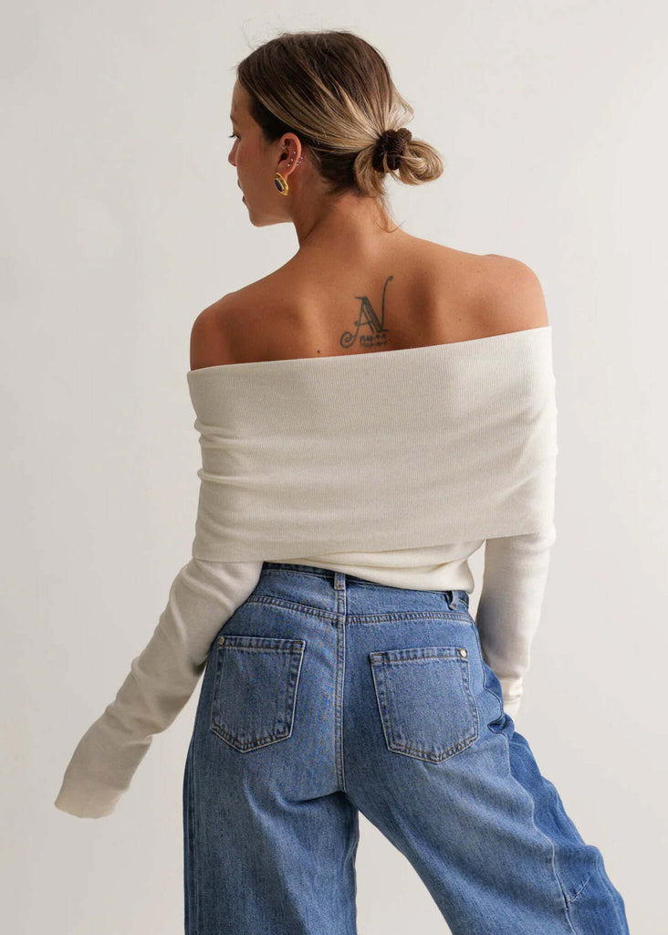 Carmina Top — Off-shoulder top in beige on model — MYFASHIONFRUIT