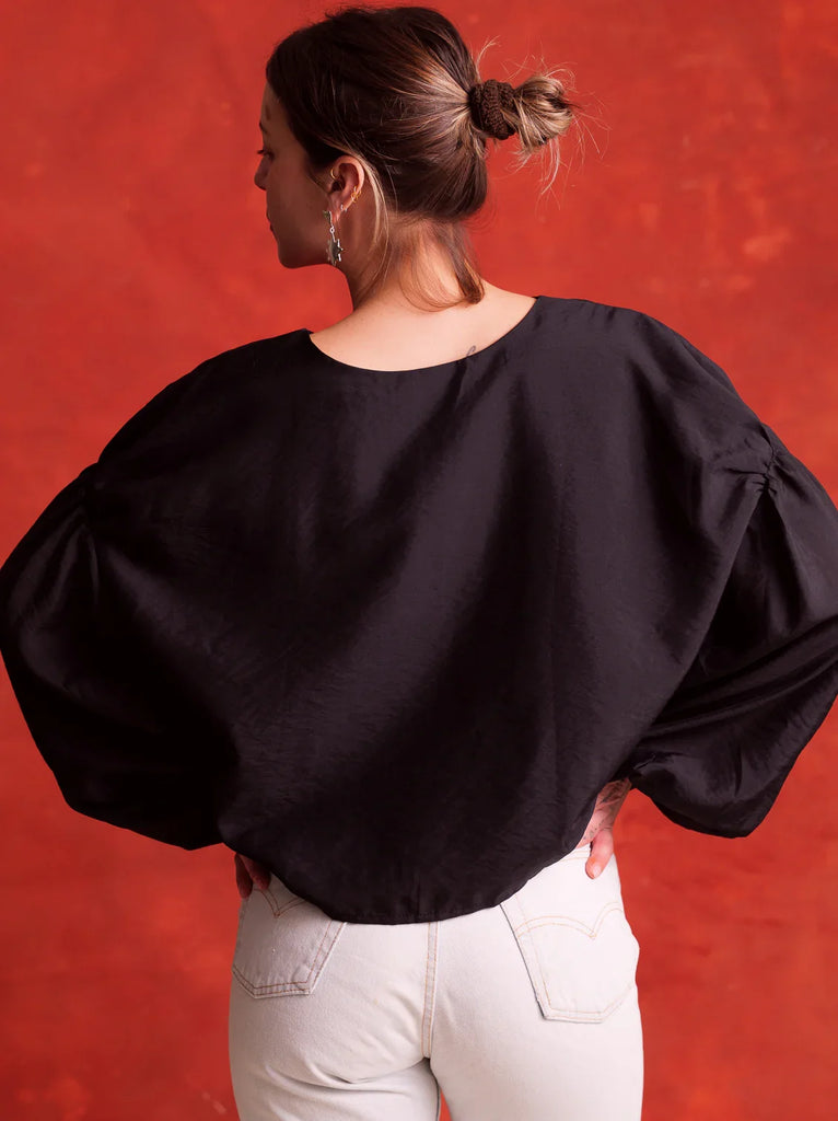 Malu Top — Back view, black with balloon sleeves on model — MYFASHIONFRUIT