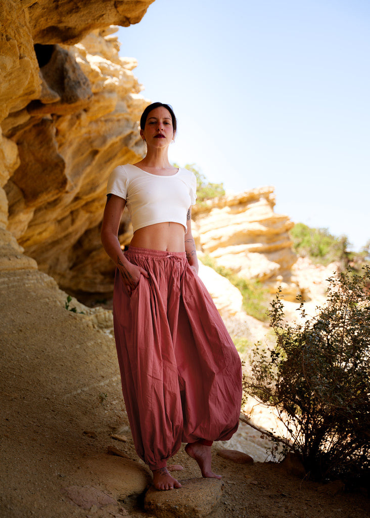 Sol Balloon Pants — red-pink harem pants on model, white top — MYFASHIONFRUIT