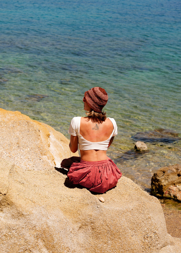 Sol Balloon Pants — Red balloon pants, white crop top on model — MYFASHIONFRUIT