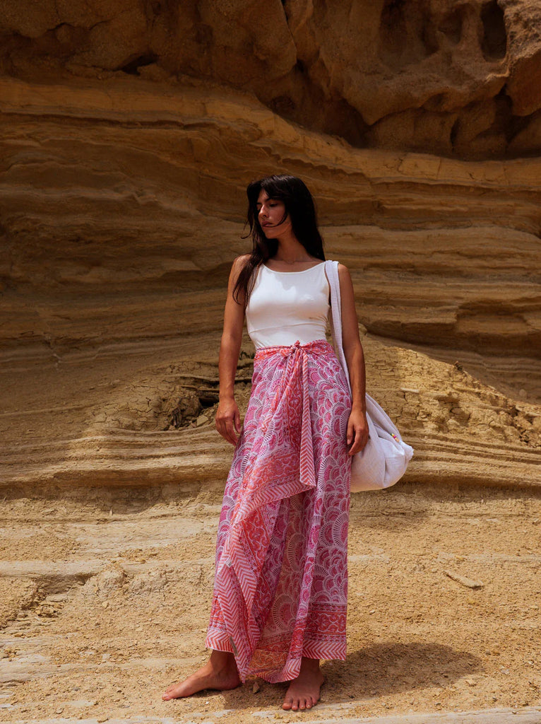Pareo — Pink floral pareo skirt on model — MYFASHIONFRUIT