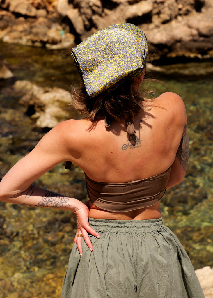 Halo Top — olive green top with yellow floral scarf on model — MYFASHIONFRUIT