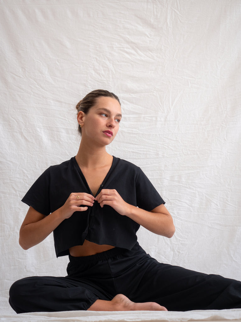 Yin Set - Pants & Cardi — Black cotton crop top and pants on model — MYFASHIONFRUIT