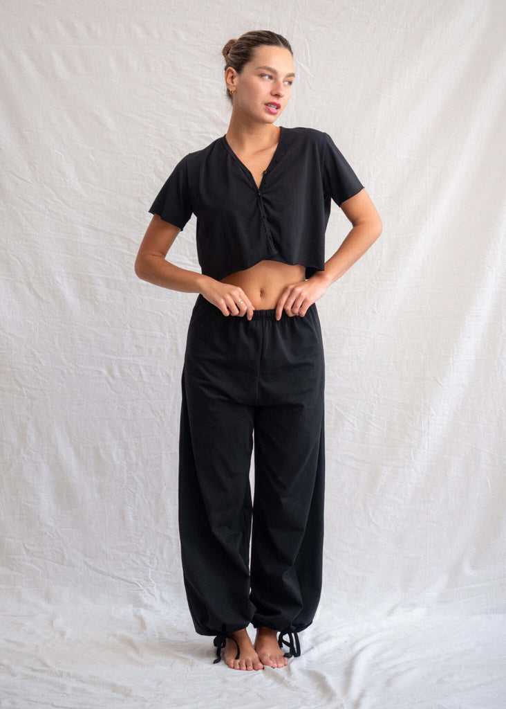 Yin Set — Black crop top and pants set on model — MYFASHIONFRUIT