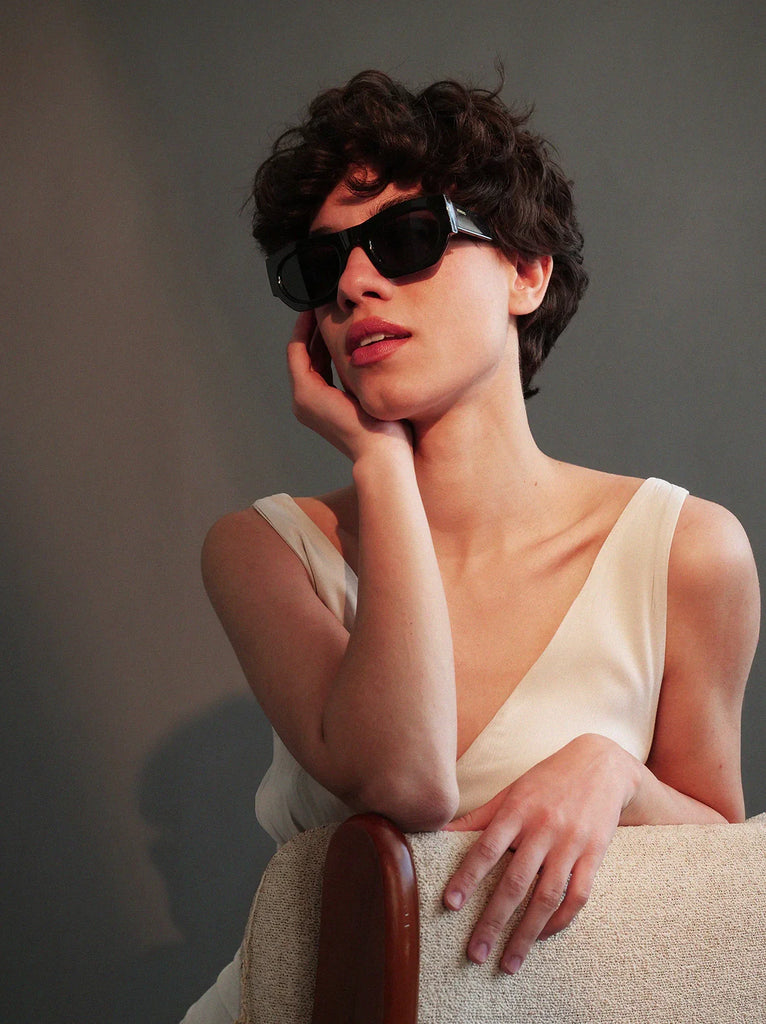 Komono ALPHA Black Tortoise Sunglasses — on model, square black frames — MYFASHIONFRUIT