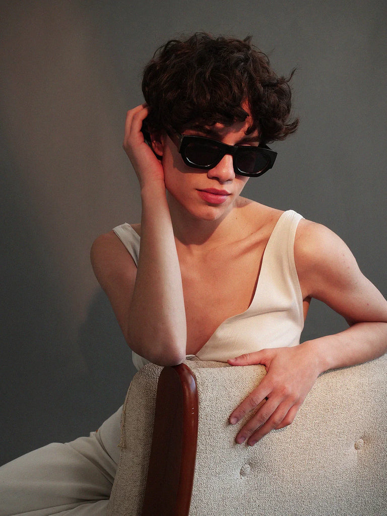 Komono ALPHA Black Tortoise Sunglasses — on model, dark frames — MYFASHIONFRUIT