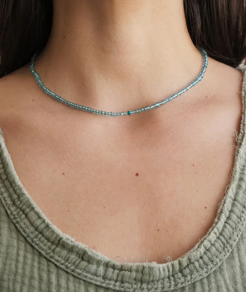 Mimi Necklace — Light blue beaded necklace on model — MYFASHIONFRUIT