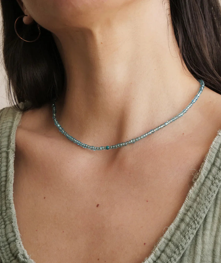Mimi Necklace — beaded blue necklace on model — MYFASHIONFRUIT