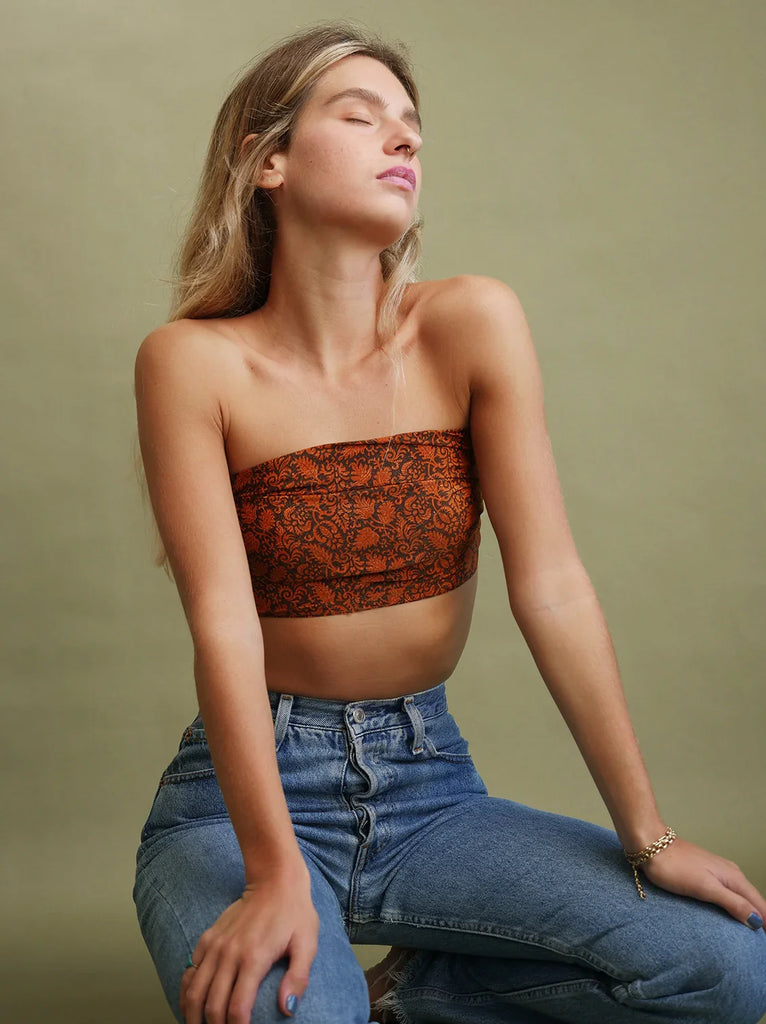 Bijal Silk Scarf — Orange paisley tube top on model — MYFASHIONFRUIT