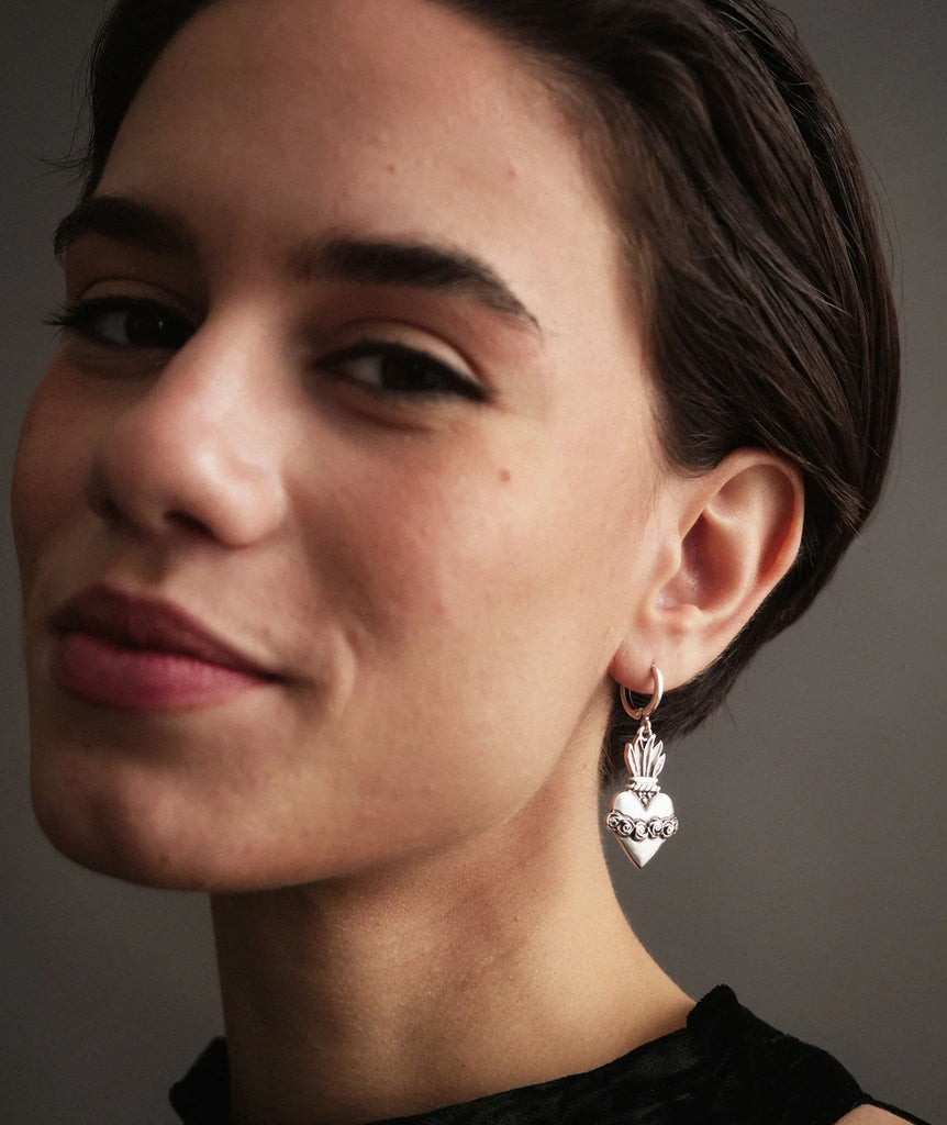 Corazon Earrings — Silver heart earring on model — MYFASHIONFRUIT