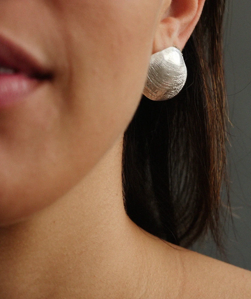 Clam Shell Earrings — silver on model, detail — MYFASHIONFRUIT