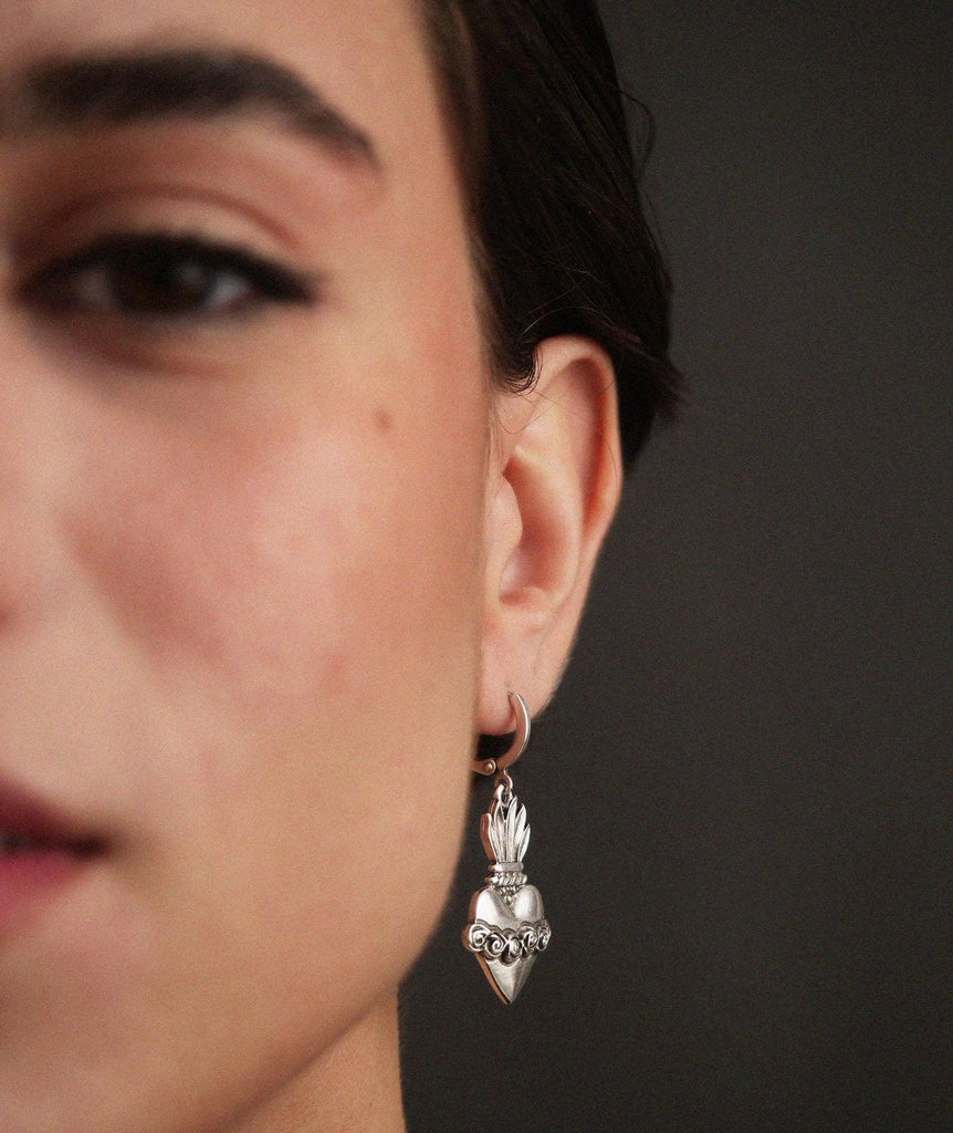 Corazon Earrings — Silver heart earring on model, detail — MYFASHIONFRUIT